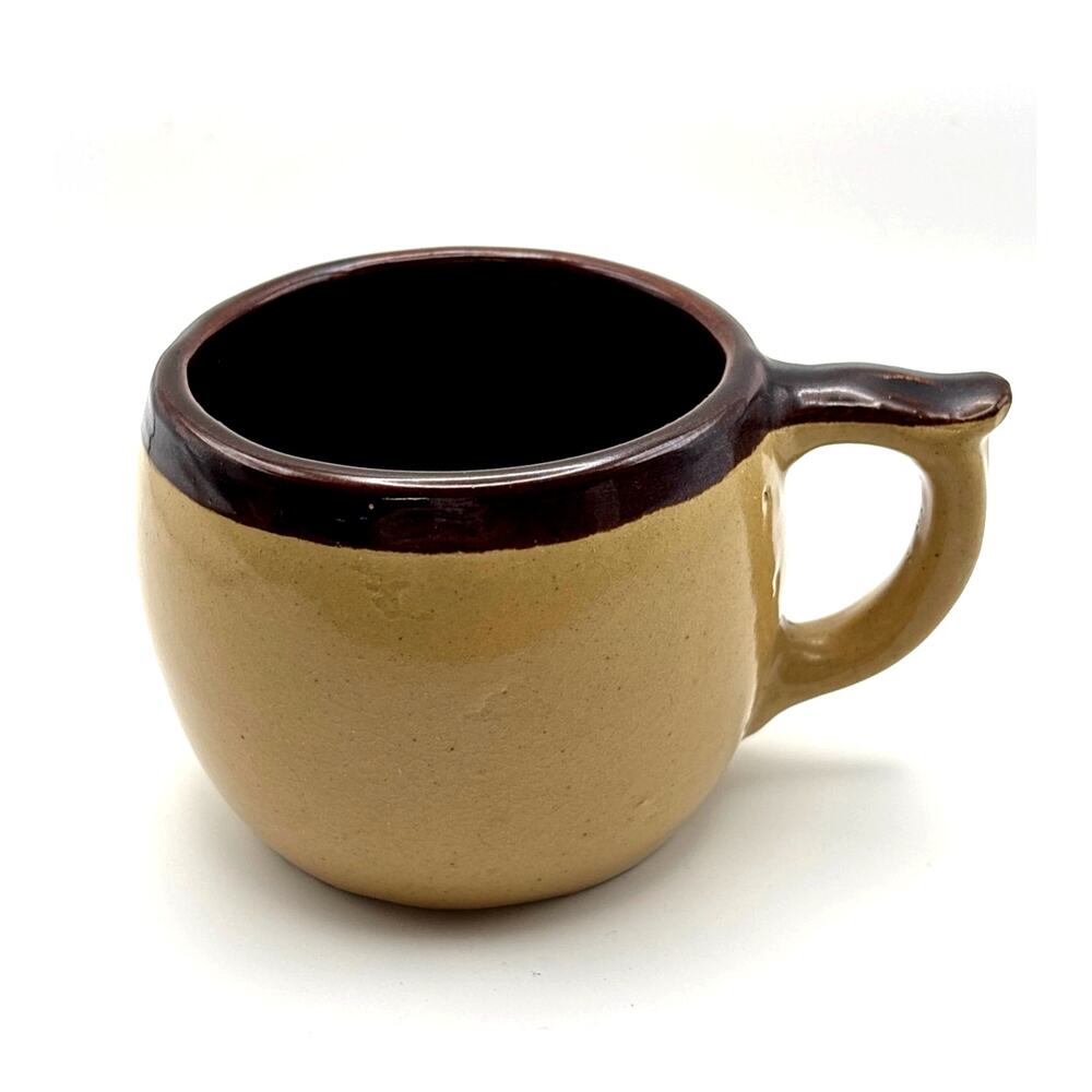 1930s USA Pottery Earthenware Tan Mug / Cup Brown Band Rimmed-Glazed Interior
